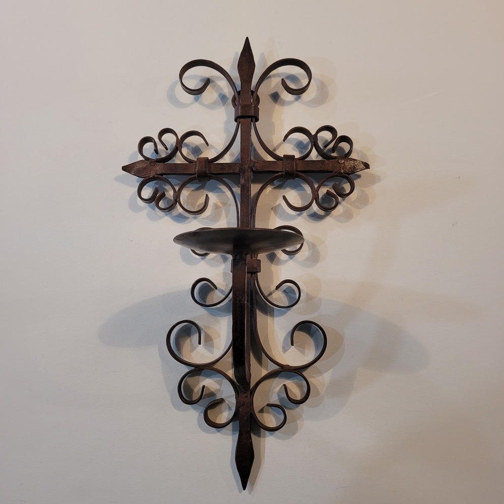 Brown Cast Iron Hanging Wall Cross With Candle Holder